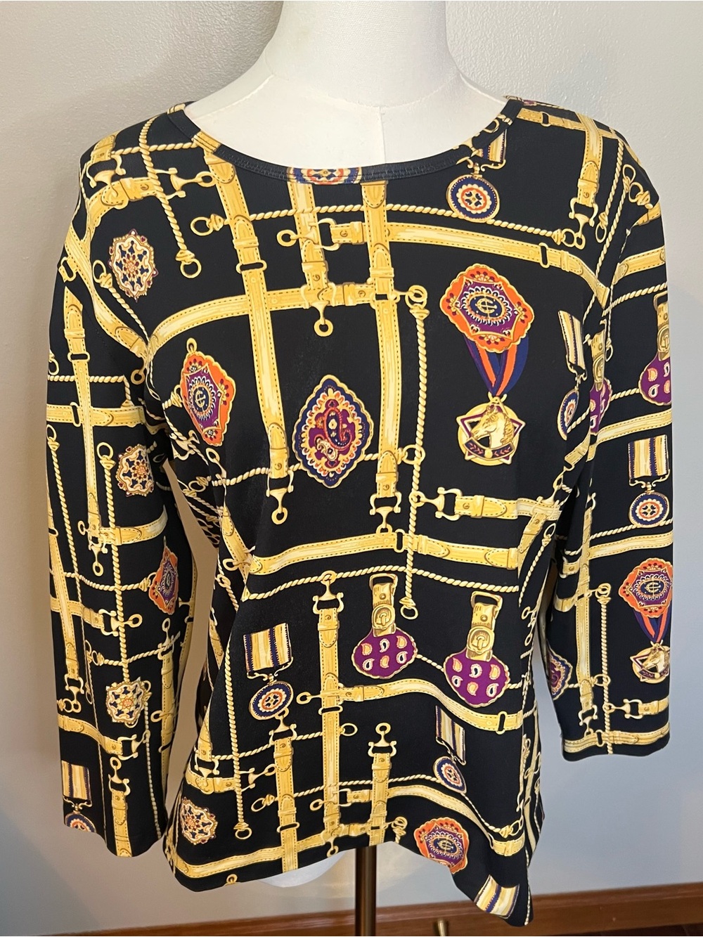 J. McLaughlin Equestrian Print Signature Tee 3/4 Sleeve Catalina Cloth Black XL